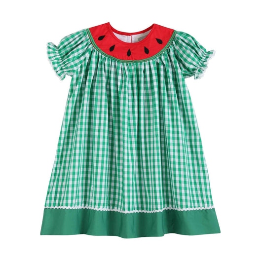 Green Gingham Watermelon Collar Bishop Dress - Abbies Place