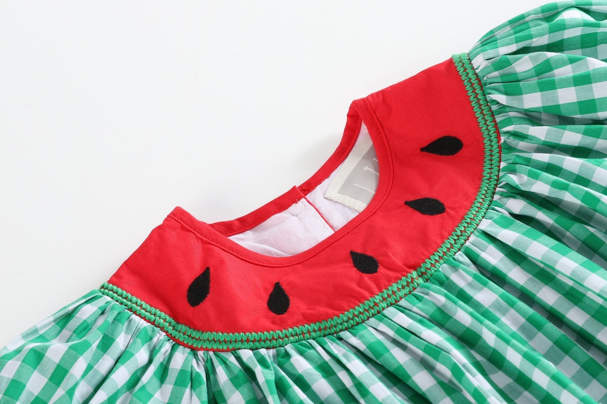 Green Gingham Watermelon Collar Bishop Dress - Abbies Place