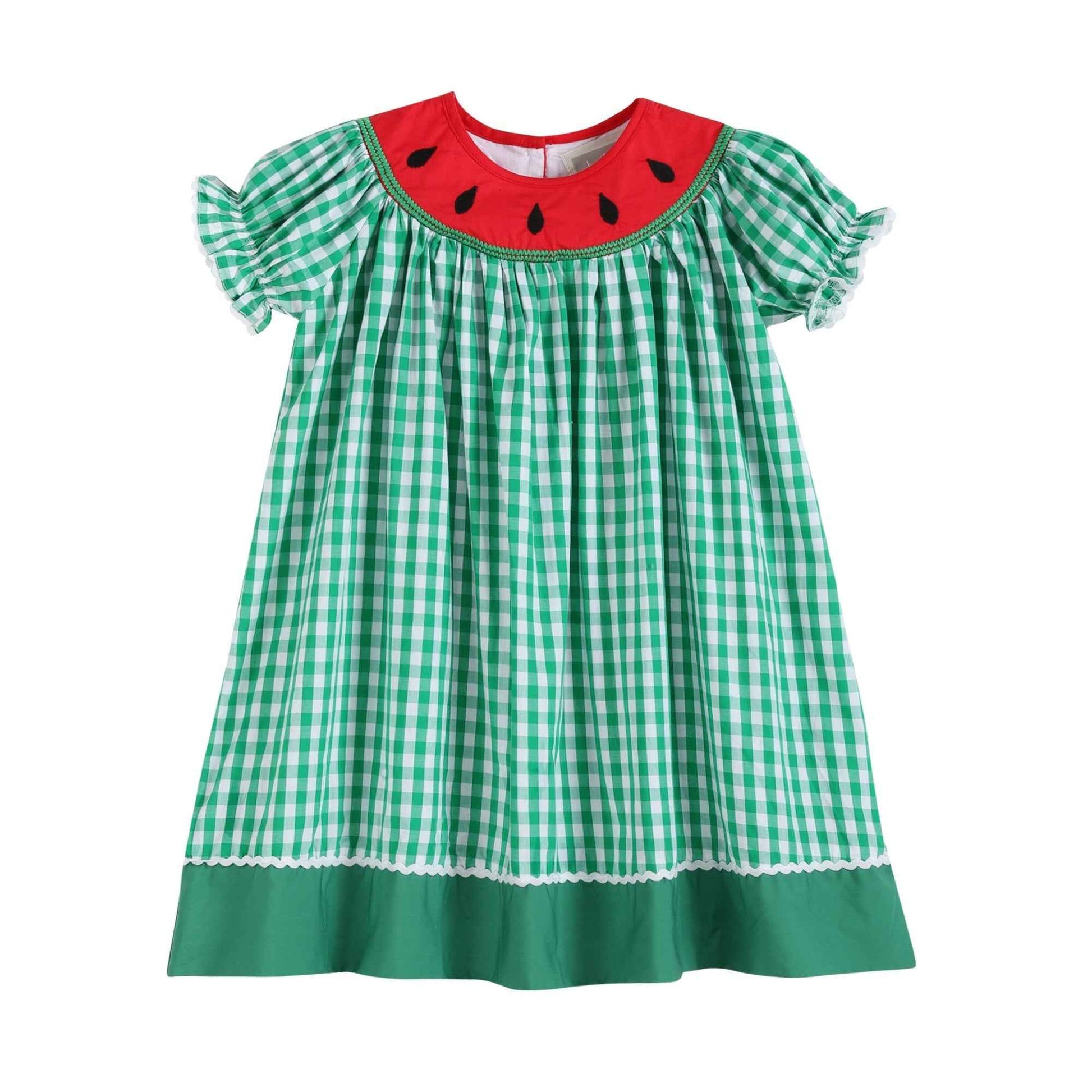 Green Gingham Watermelon Collar Bishop Dress - Abbies Place