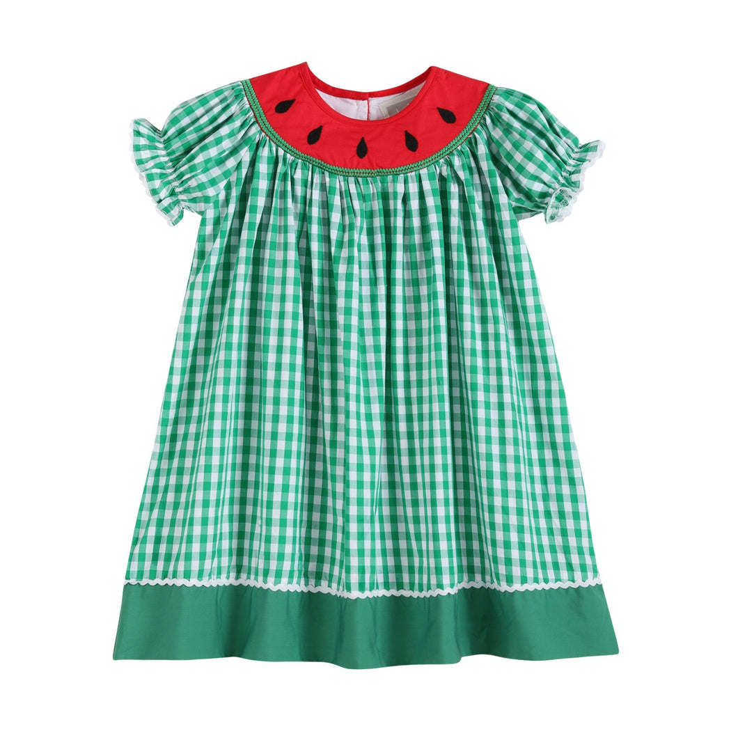 Green Gingham Watermelon Collar Bishop Dress