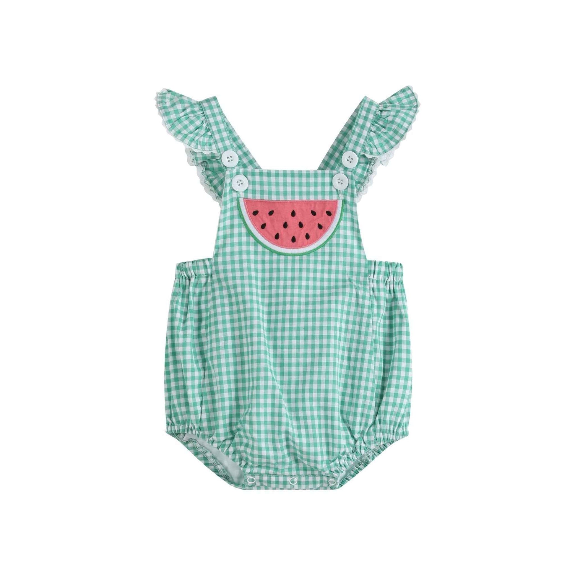 Green Gingham Watermelon Ruffle Romper - Abbies Place