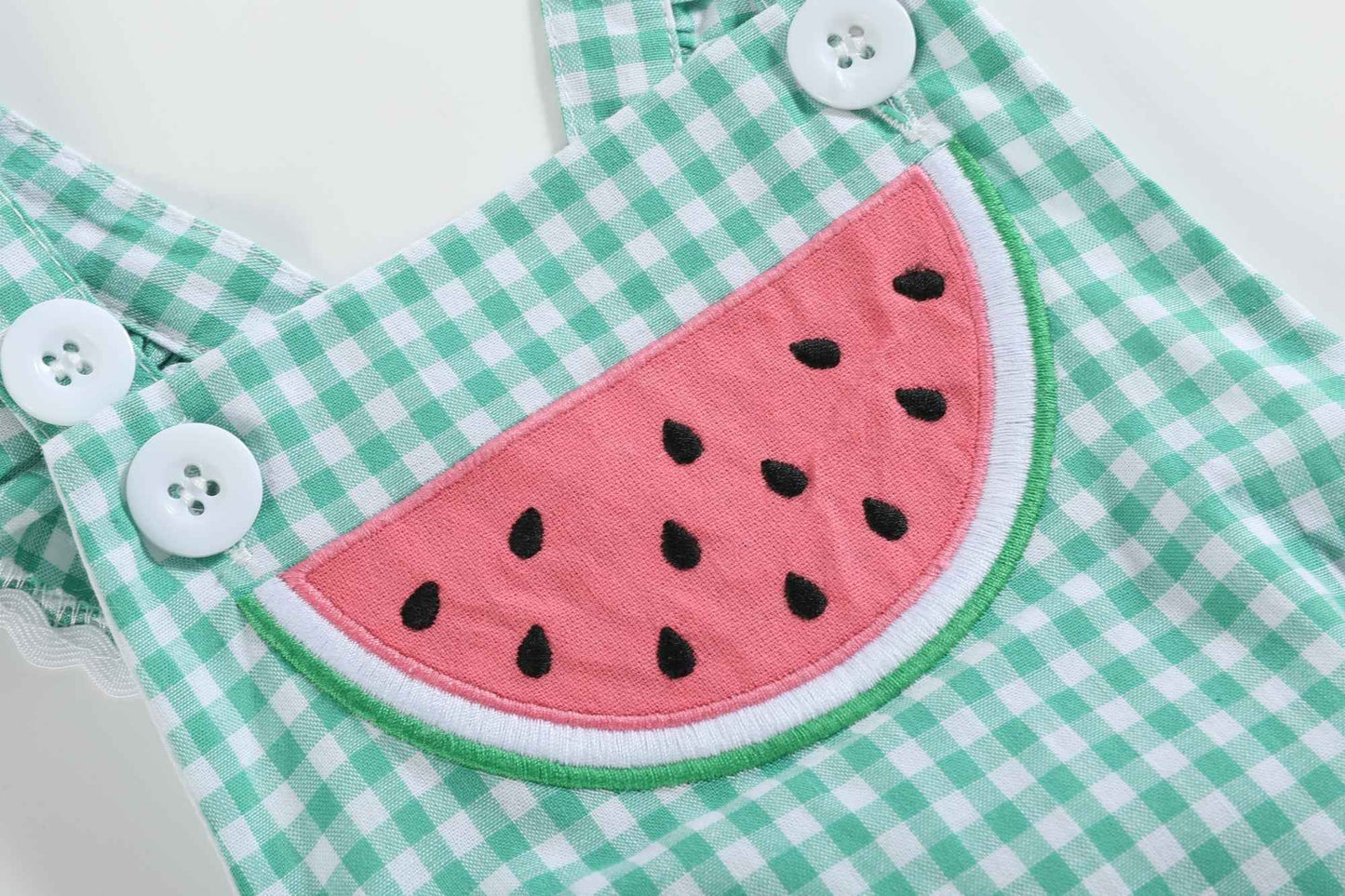 Green Gingham Watermelon Ruffle Romper - Abbies Place