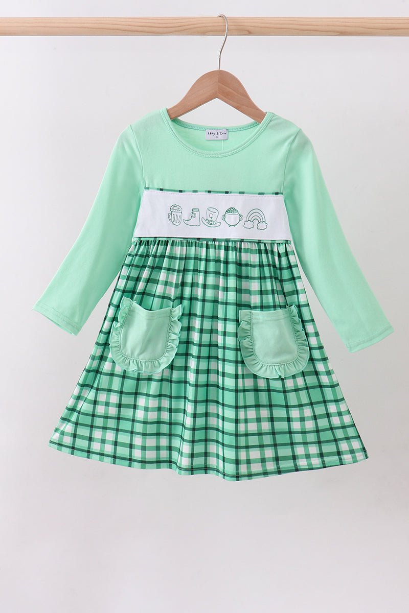 Green parade embroidery gingham dress - Abbies Place
