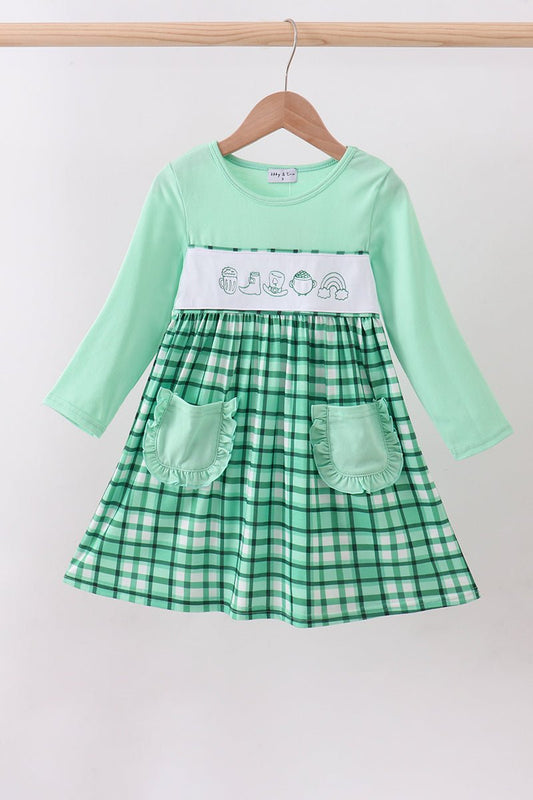 Green parade embroidery gingham dress - Abbies Place