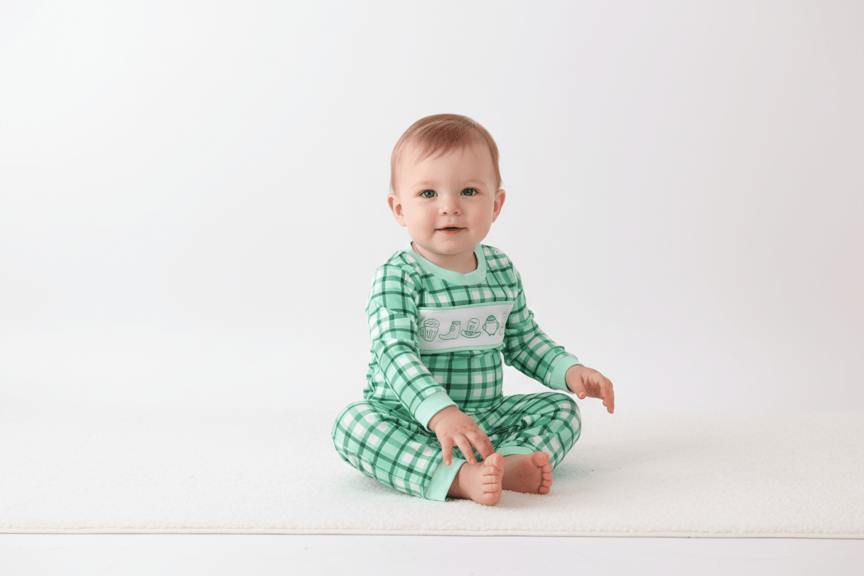 Green parade embroidery gingham romper - Abbies Place