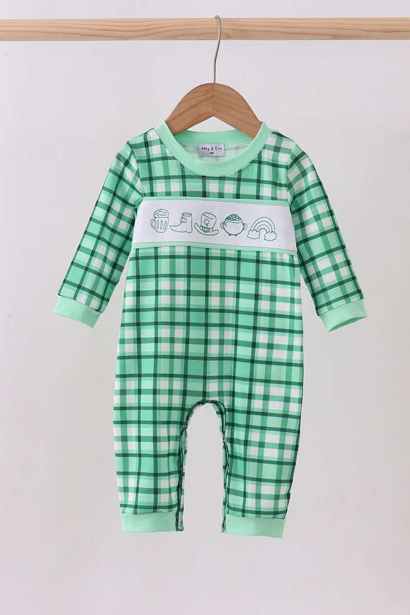 Green parade embroidery gingham romper - Abbies Place