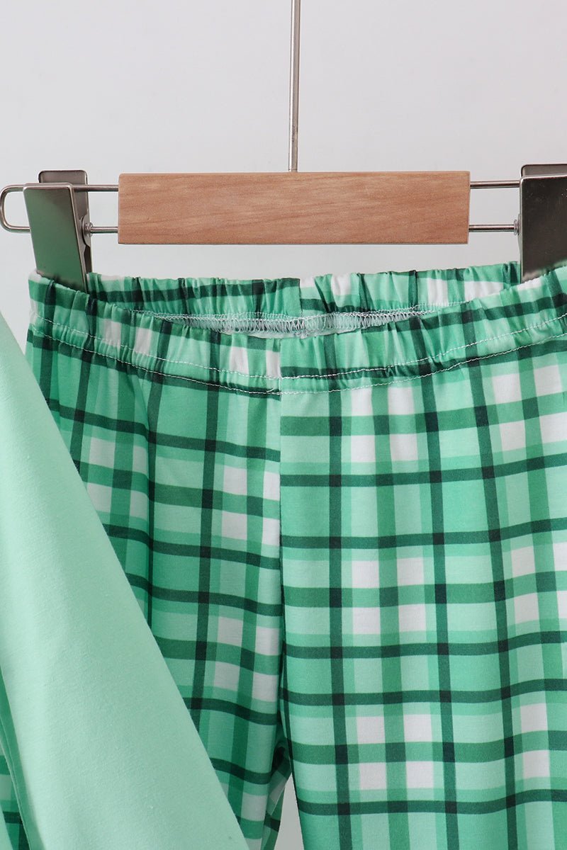 Green parade embroidery ruffle gingham pants set - Abbies Place