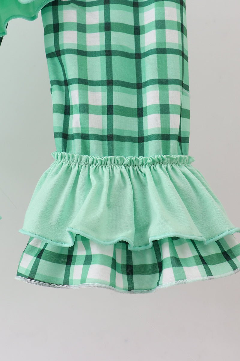Green parade embroidery ruffle gingham pants set - Abbies Place