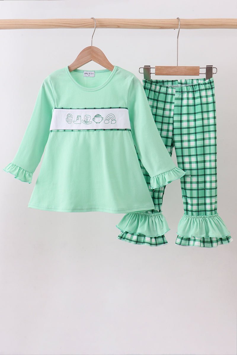 Green parade embroidery ruffle gingham pants set - Abbies Place