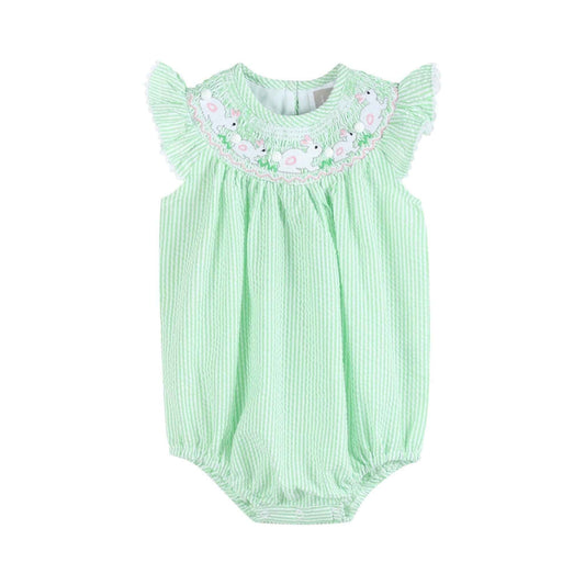 Green Seersucker Easter Bunny Smocked Flutter Romper - Abbies Place