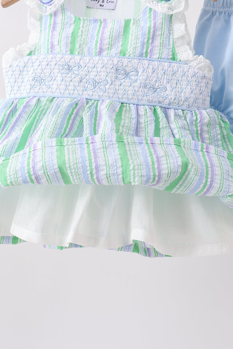 Green Stripe Smocked Bow Seersucker Bloomer Set - Abbies Place
