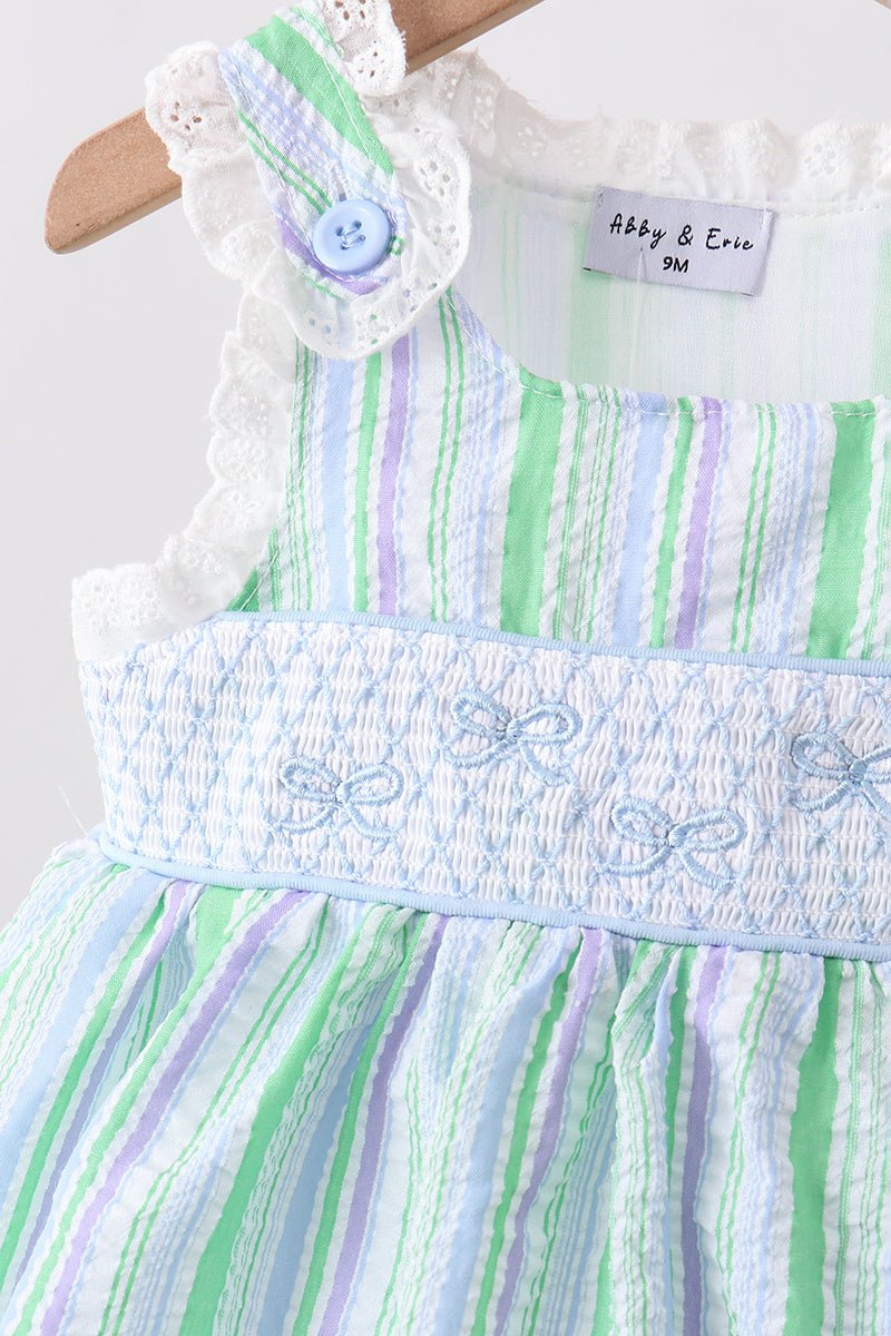Green Stripe Smocked Bow Seersucker Bloomer Set - Abbies Place