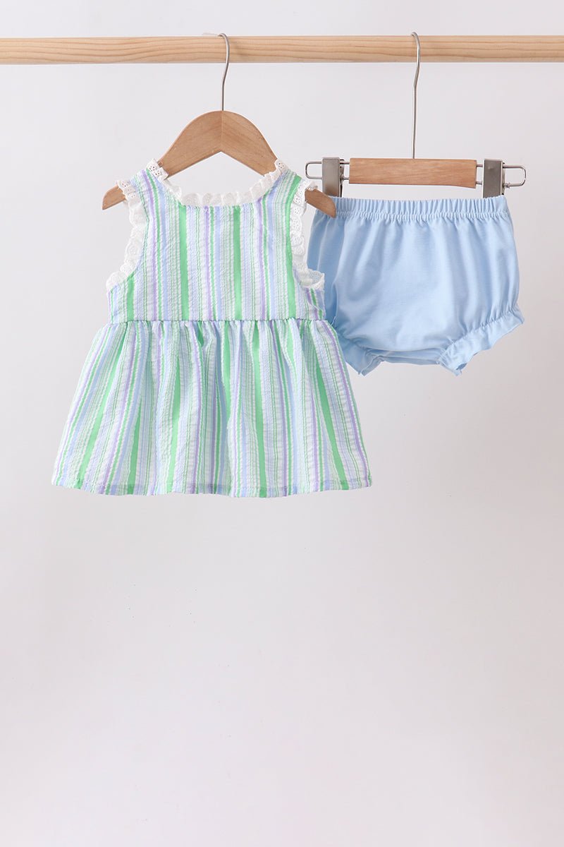 Green Stripe Smocked Bow Seersucker Bloomer Set - Abbies Place