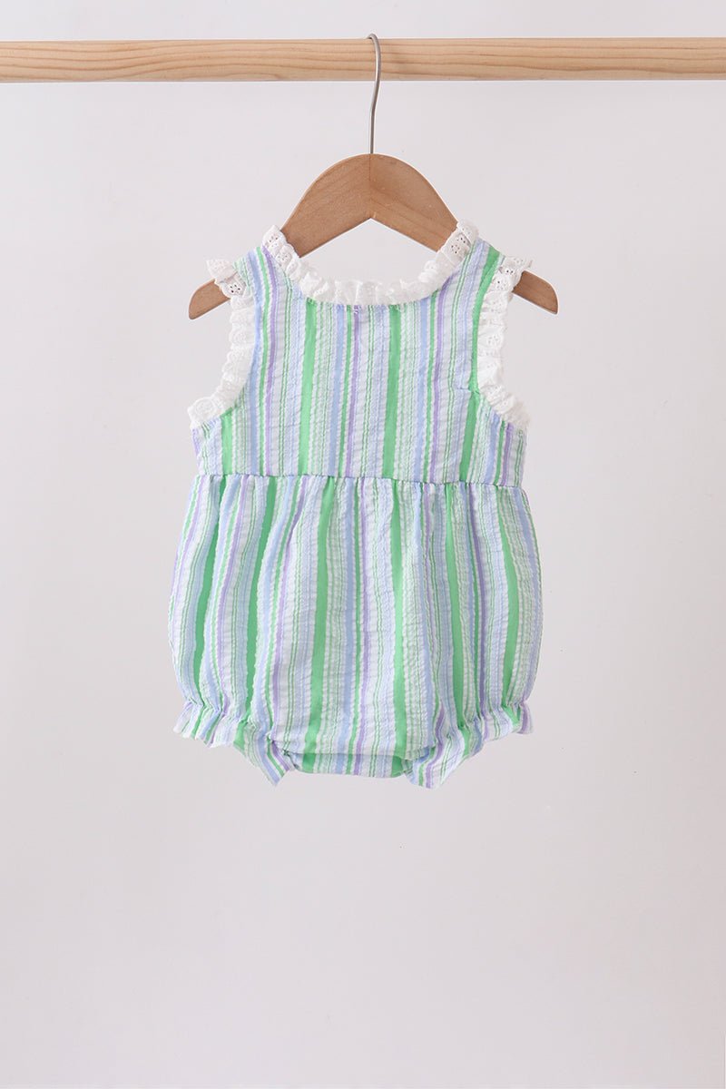 Green Stripe Smocked Bow Seersucker Bubble - Abbies Place