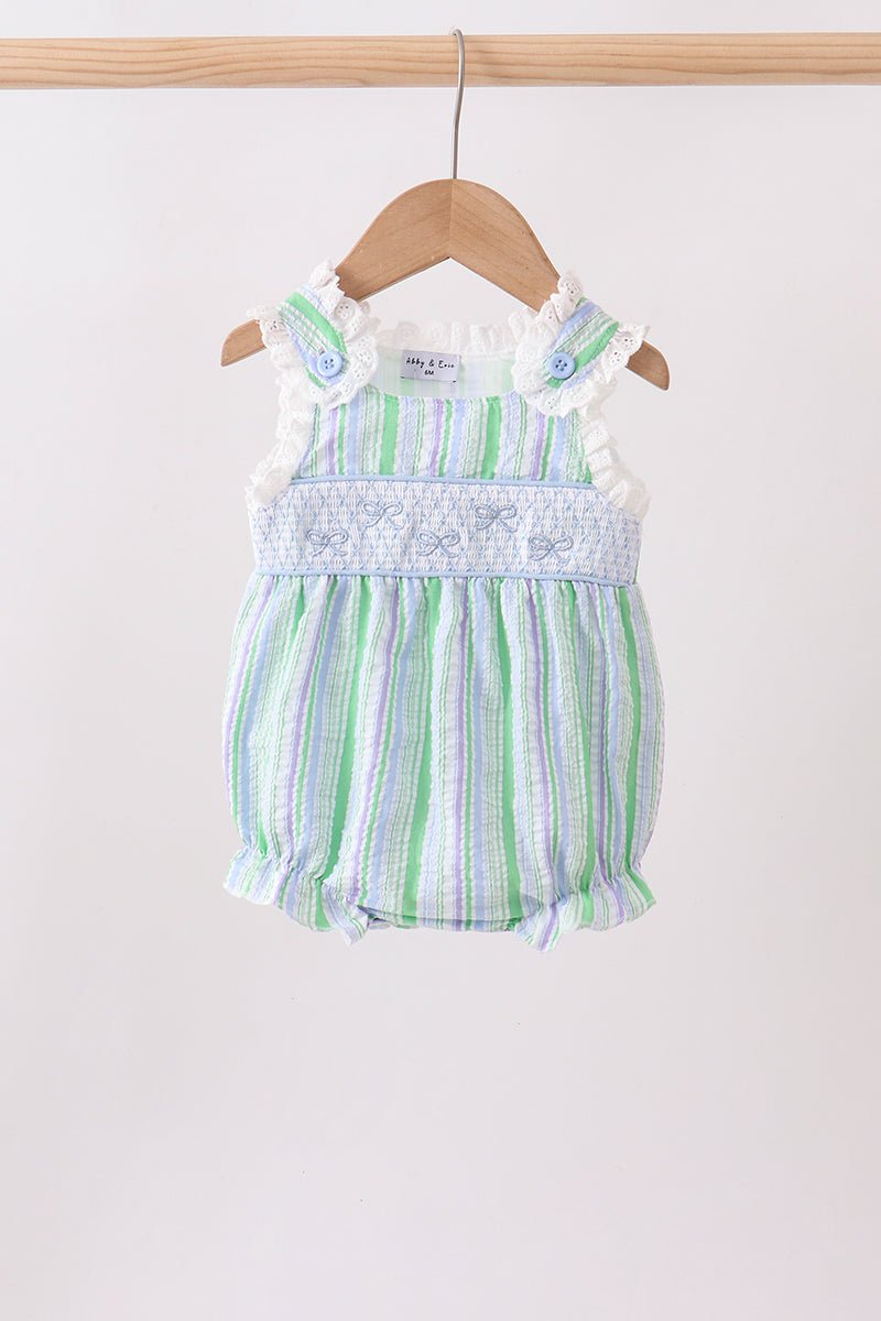 Green Stripe Smocked Bow Seersucker Bubble - Abbies Place