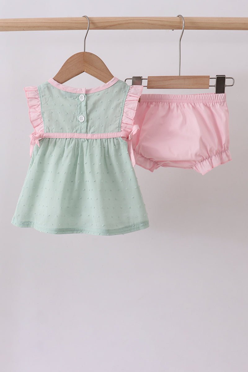 Green swiss dot cross sheep ruffle bloomer set - Abbies Place