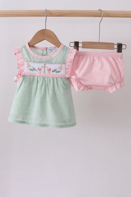 Green swiss dot cross sheep ruffle bloomer set - Abbies Place