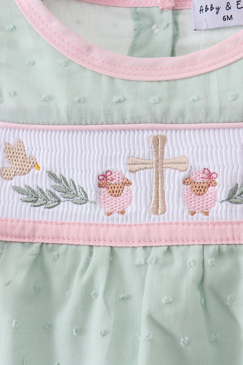 Green swiss dot cross sheep ruffle bubble - Abbies Place