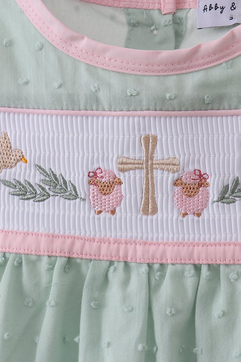 Green swiss dot cross sheep ruffle dress - Abbies Place