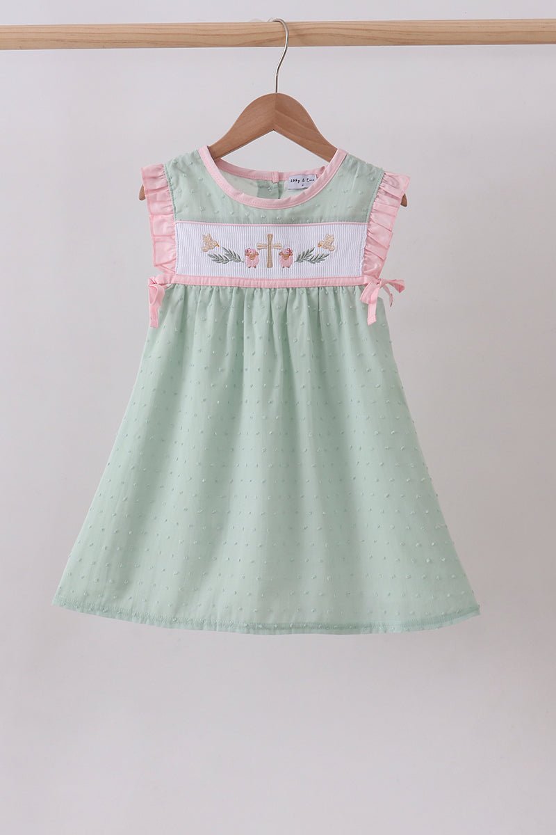 Green swiss dot cross sheep ruffle dress - Abbies Place