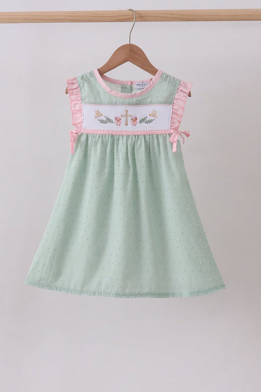 Green swiss dot cross sheep ruffle dress - Abbies Place