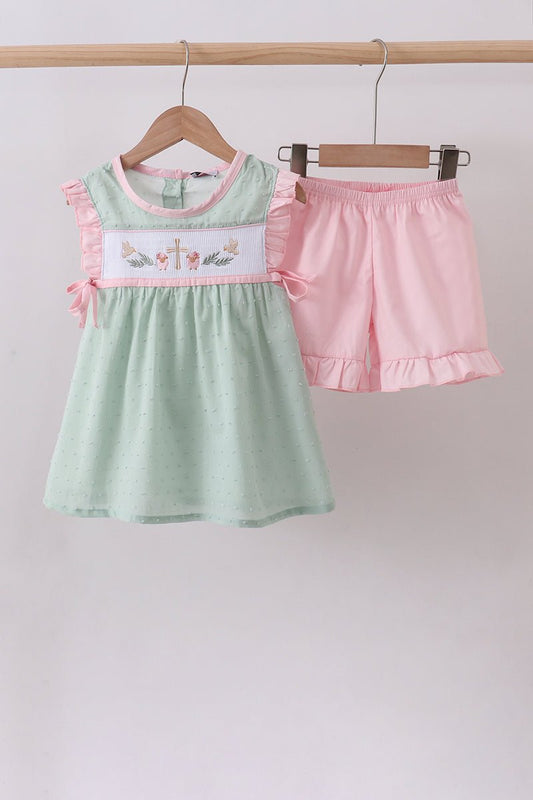 Green swiss dot cross sheep ruffle shorts set - Abbies Place