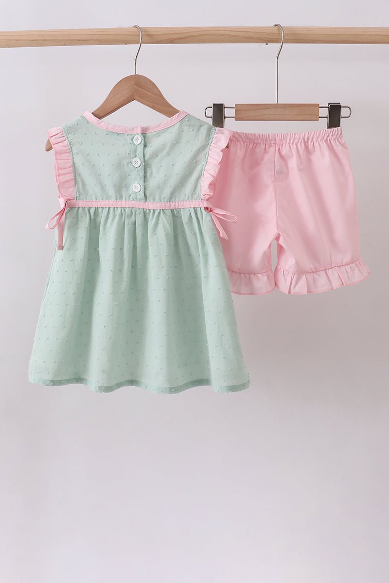 Green swiss dot cross sheep ruffle shorts set - Abbies Place