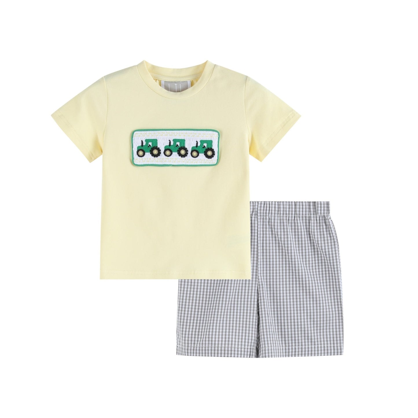 Green Tractor Smocked T-Shirt and Gray Gingham Shorts Set - Abbies Place