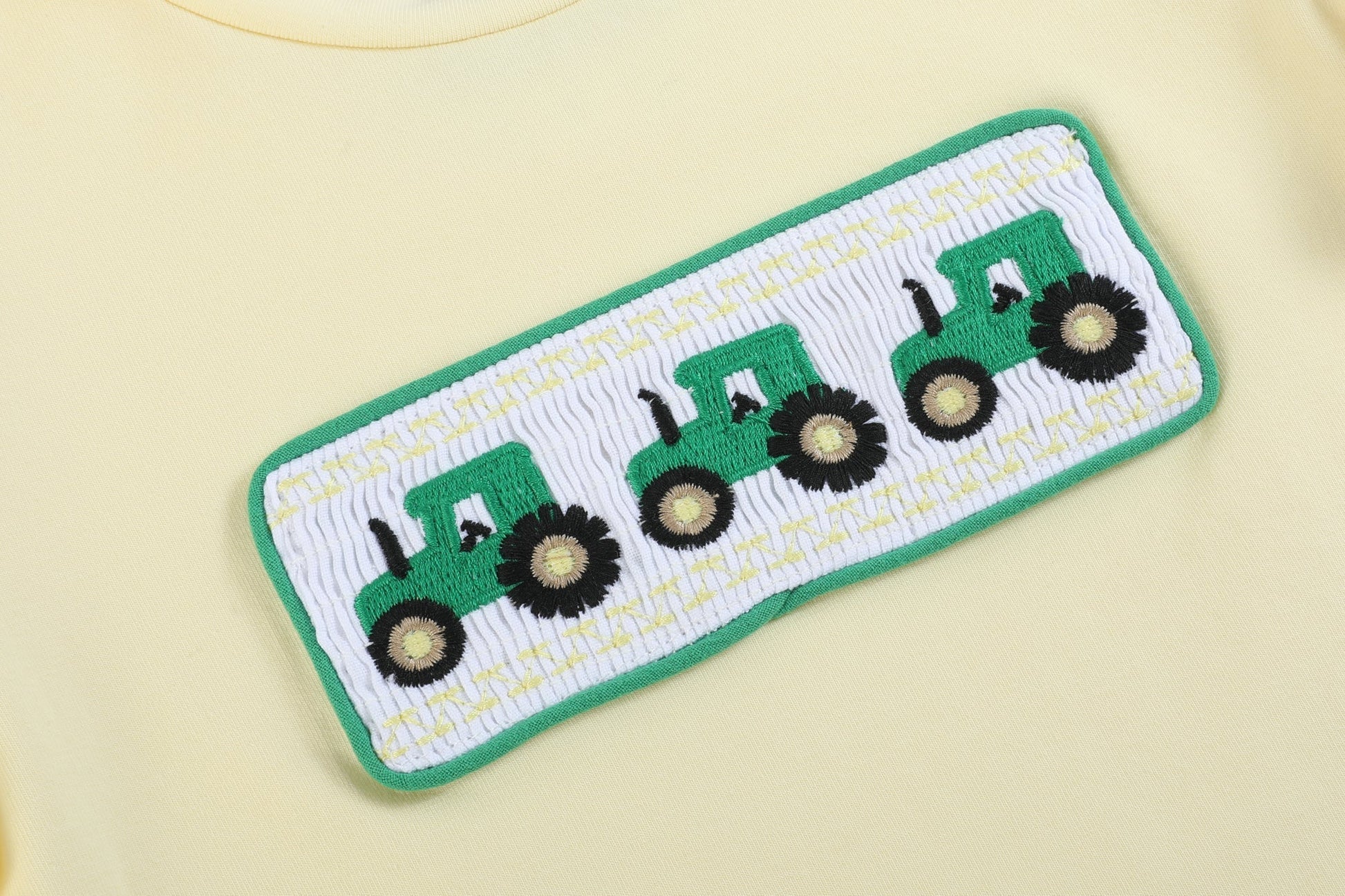 Green Tractor Smocked T-Shirt and Gray Gingham Shorts Set - Abbies Place