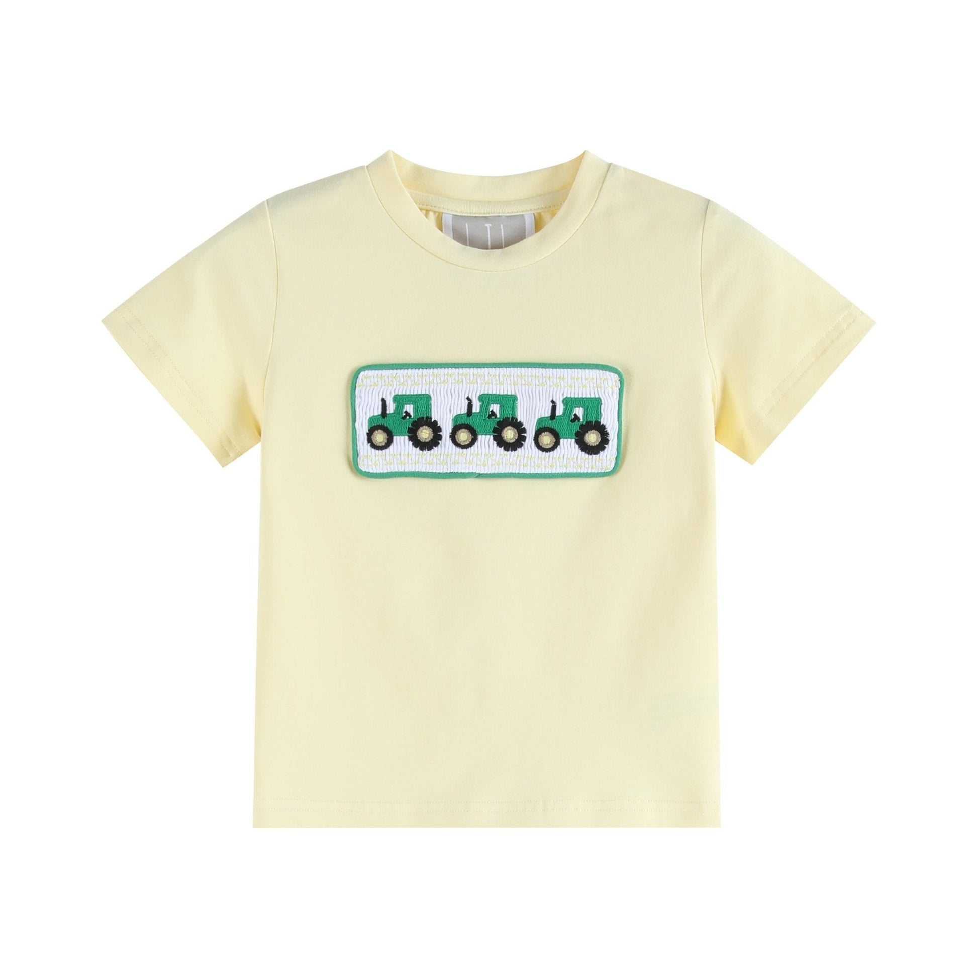 Green Tractor Smocked T-Shirt and Gray Gingham Shorts Set - Abbies Place