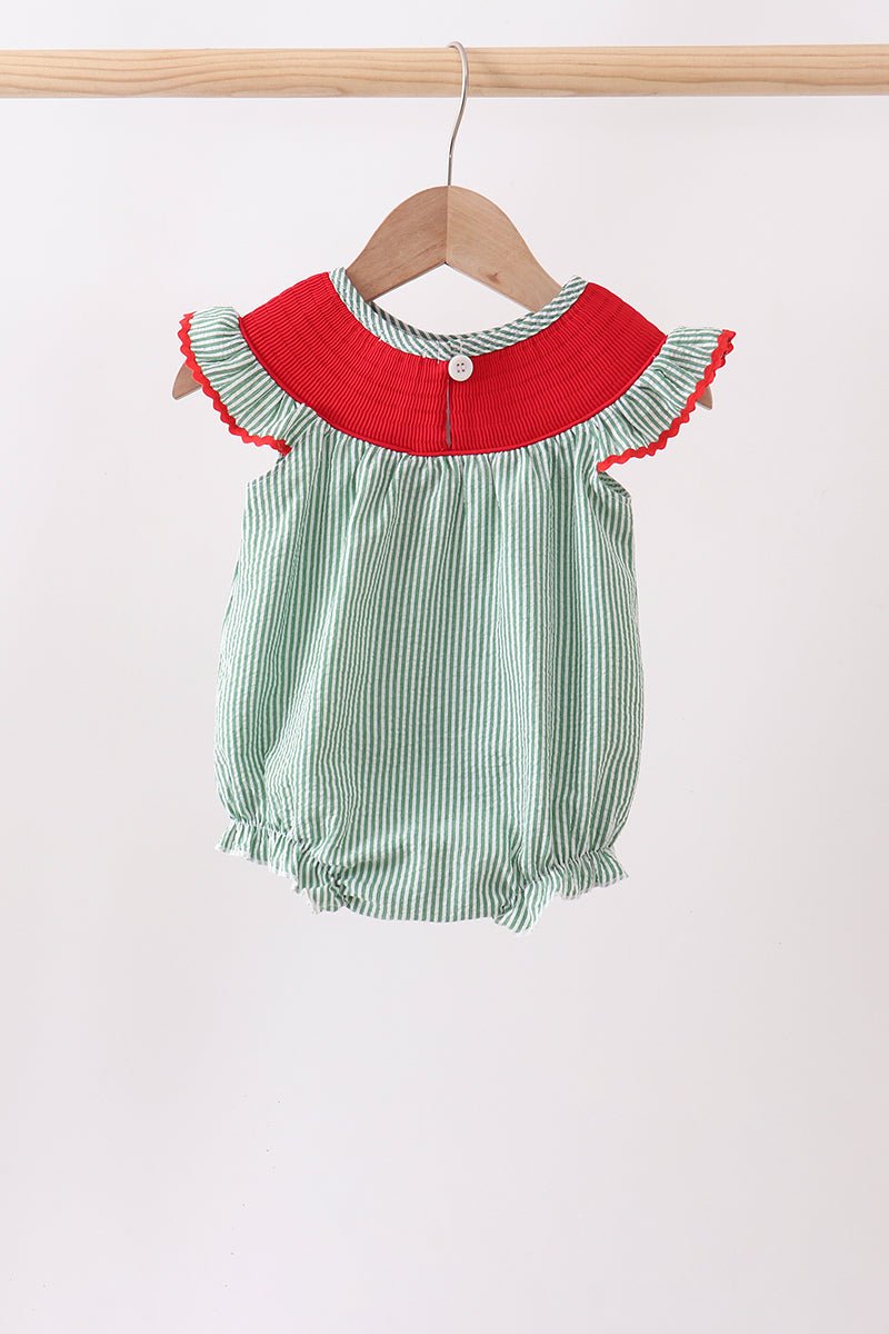 Green Watermelon Stripe Smocked Embroidered Seersucker Bubble - Abbies Place