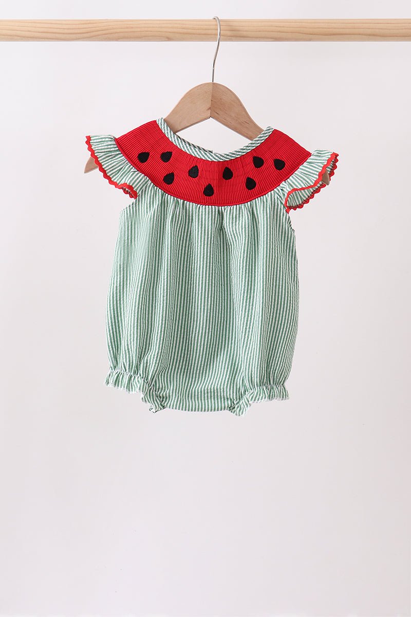 Green Watermelon Stripe Smocked Embroidered Seersucker Bubble - Abbies Place