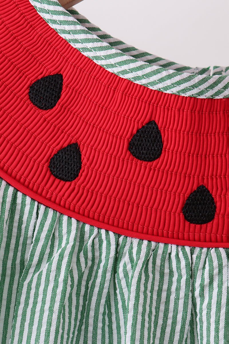 Green Watermelon Stripe Smocked Embroidered Seersucker Dress - Abbies Place