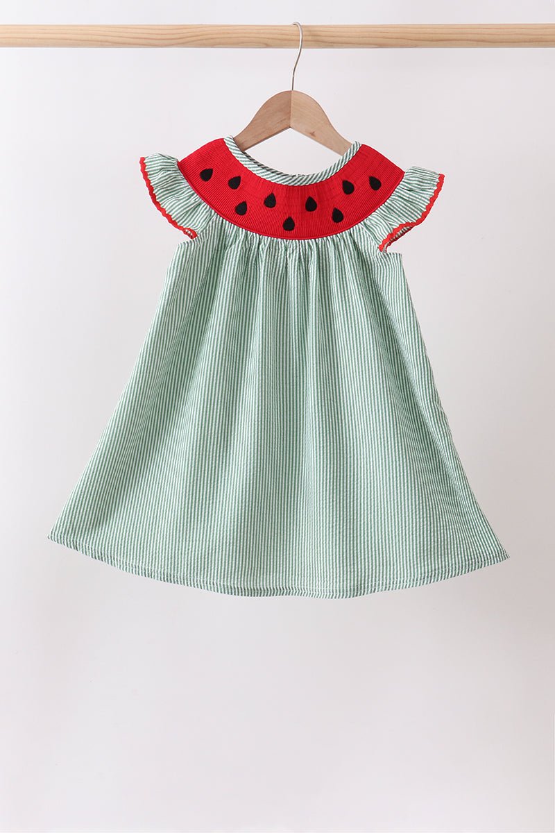 Green Watermelon Stripe Smocked Embroidered Seersucker Dress - Abbies Place