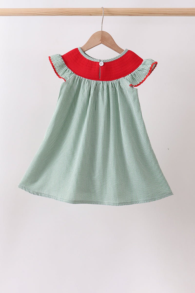 Green Watermelon Stripe Smocked Embroidered Seersucker Dress - Abbies Place