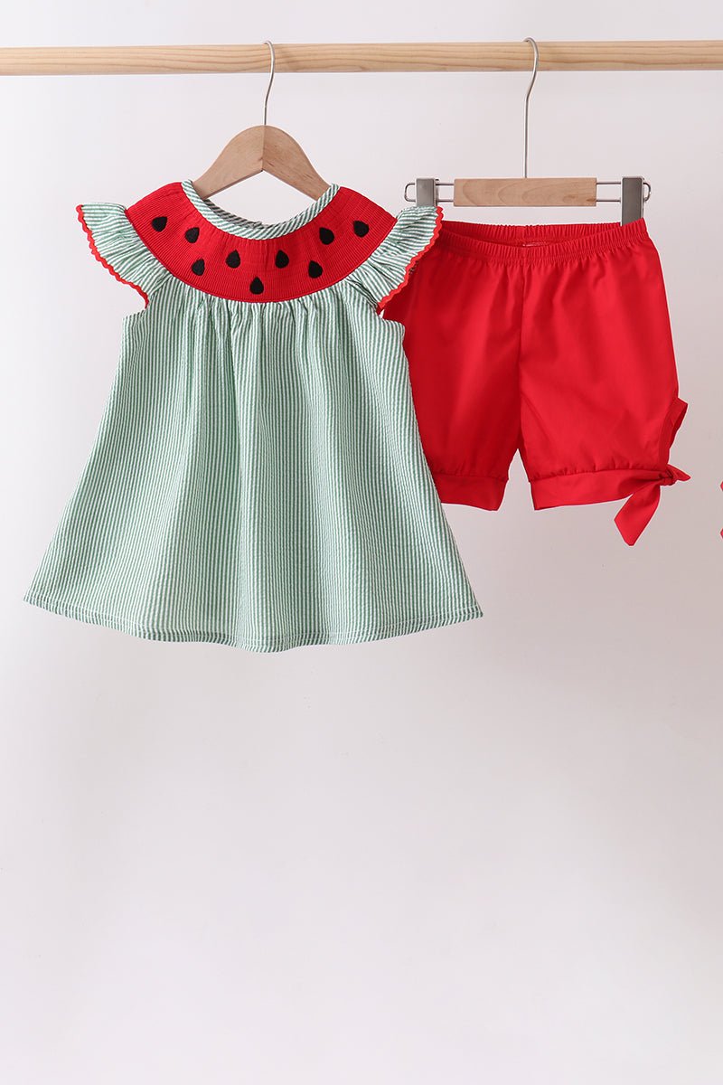 Green Watermelon Stripe Smocked Embroidered Seersucker Set - Abbies Place