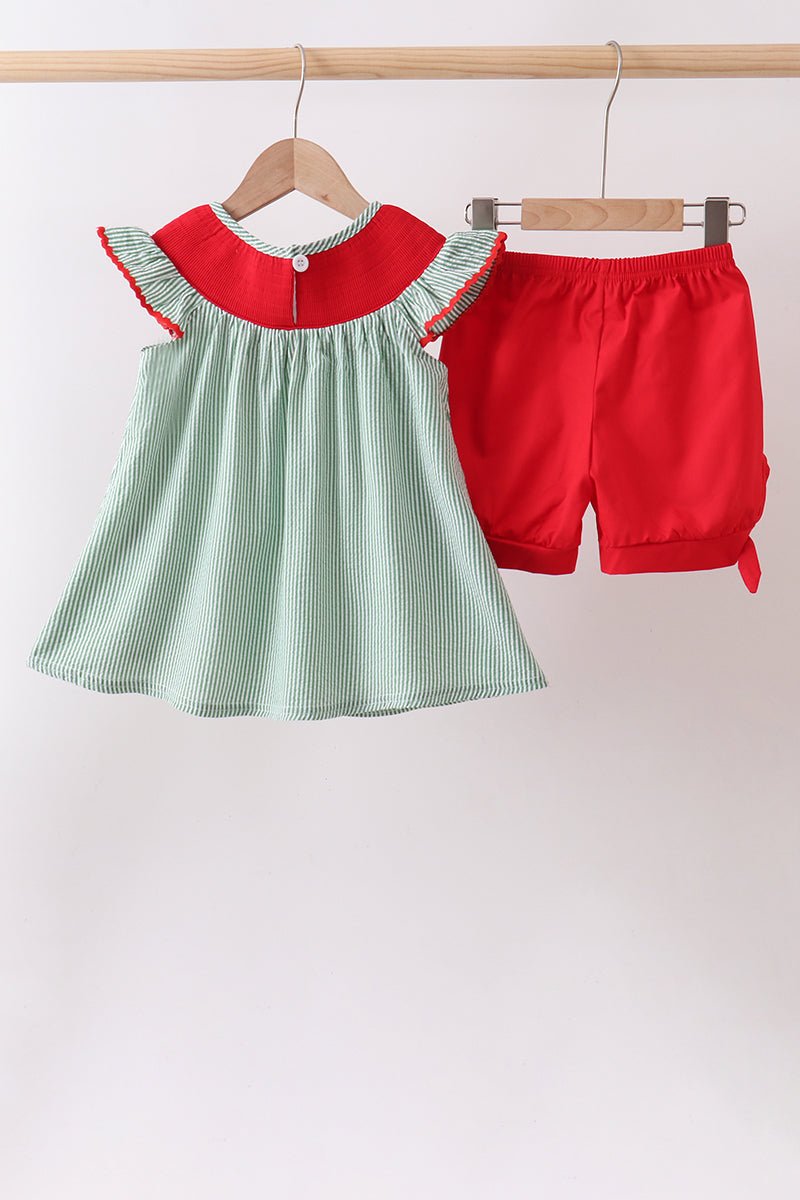 Green Watermelon Stripe Smocked Embroidered Seersucker Set - Abbies Place