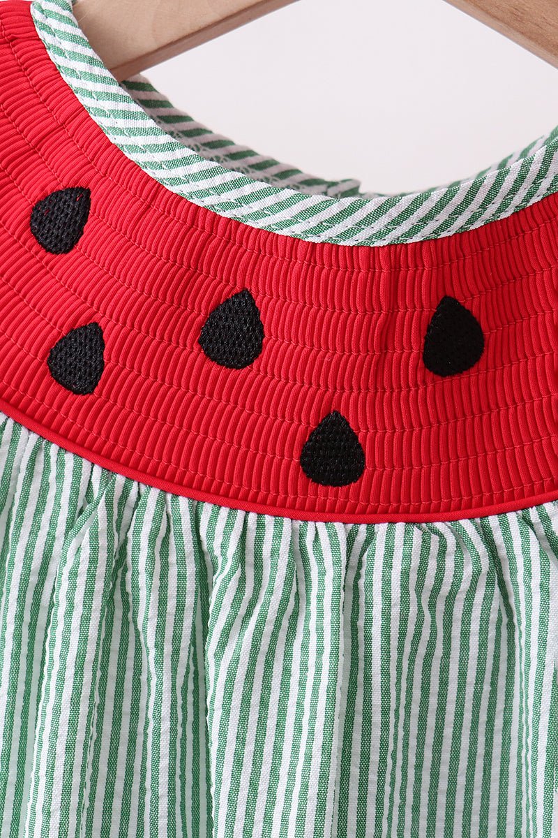 Green Watermelon Stripe Smocked Embroidered Seersucker Set - Abbies Place