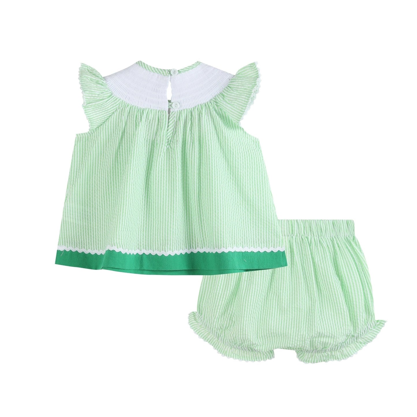 Green & White Stripe Watermelon Smocked Angel-Sleeve Dress & Bloomers - Abbies Place