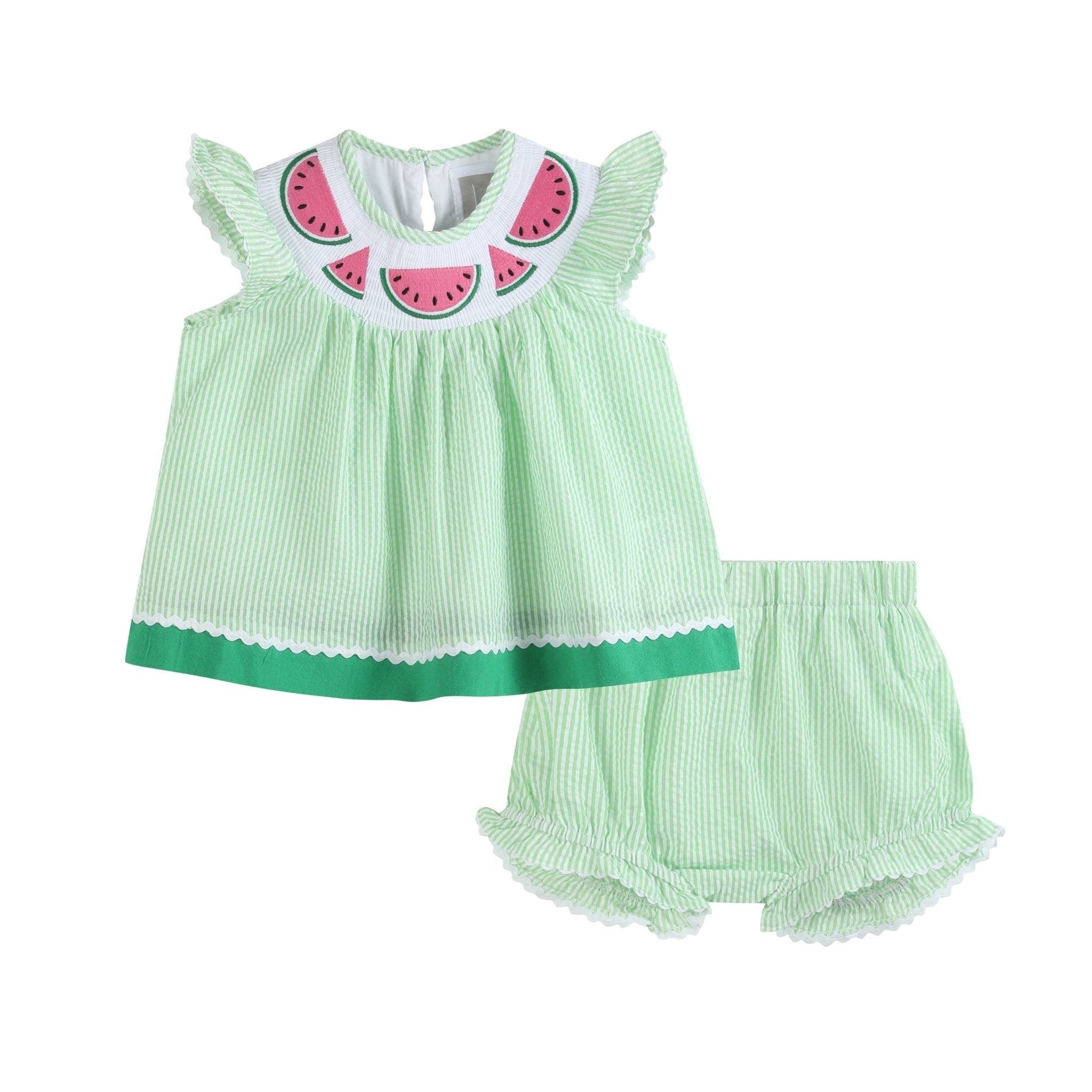 Green & White Stripe Watermelon Smocked Angel-Sleeve Dress & Bloomers - Abbies Place