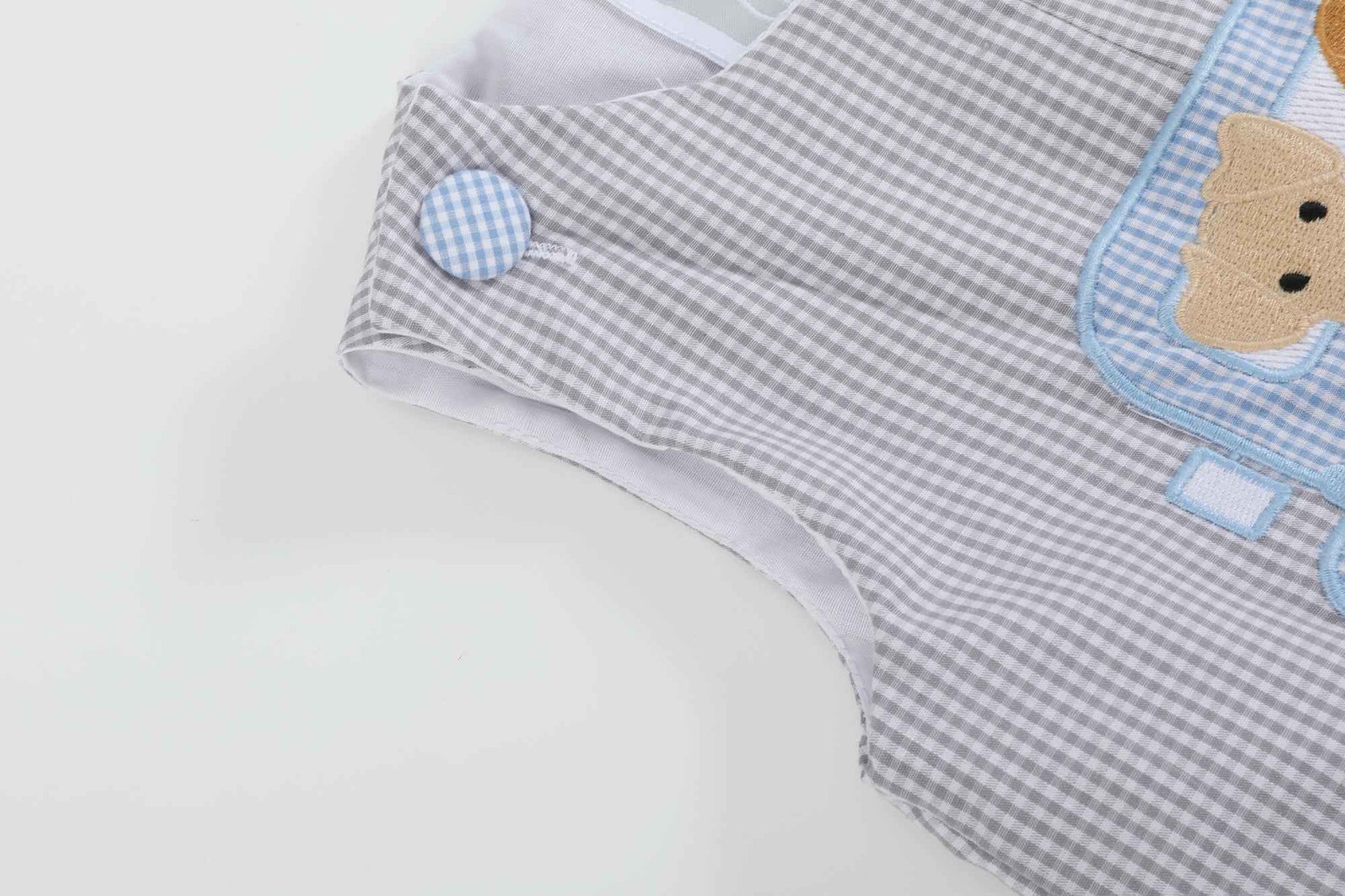 Grey Gingham Puppies in Truck Shortalls - Abbies Place