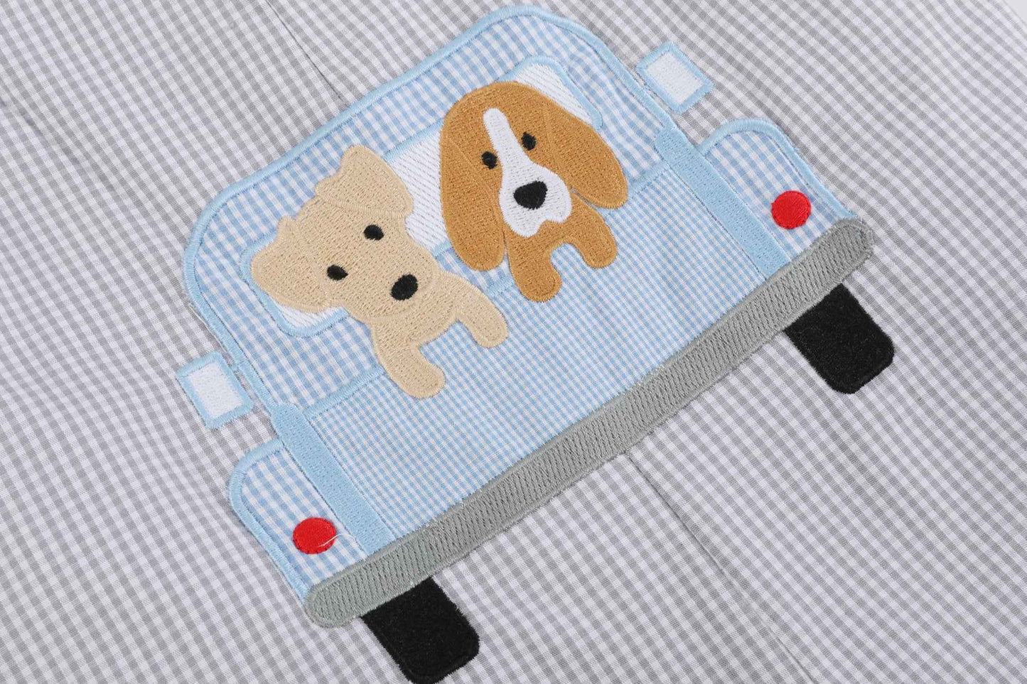Grey Gingham Puppies in Truck Shortalls - Abbies Place