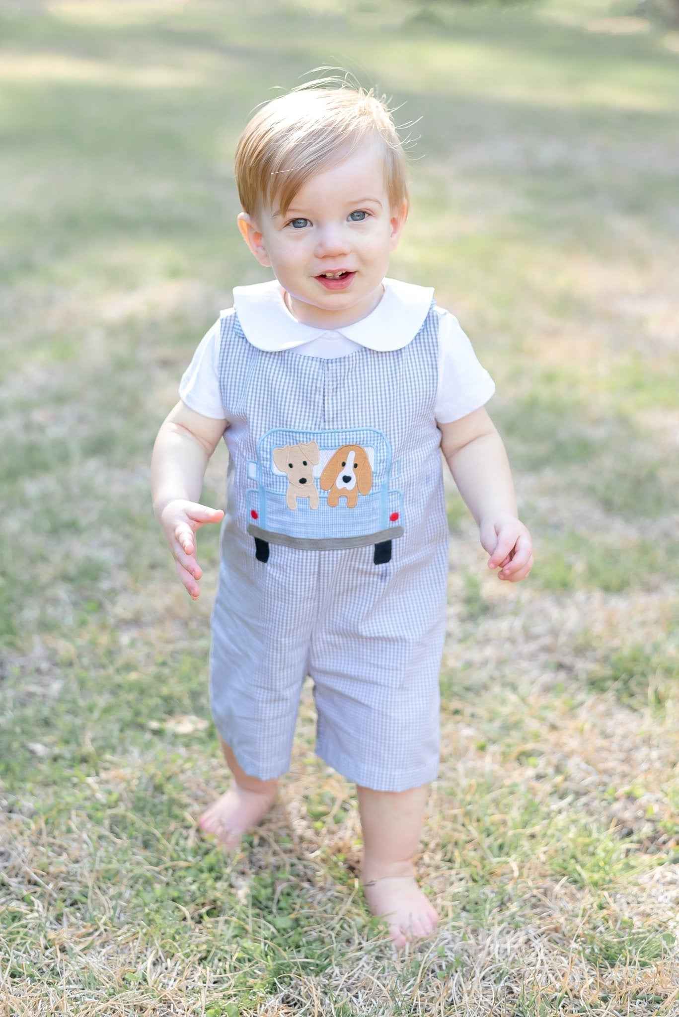 Grey Gingham Puppies in Truck Shortalls - Abbies Place