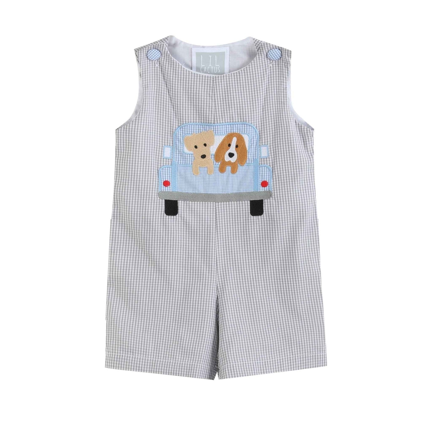 Grey Gingham Puppies in Truck Shortalls - Abbies Place