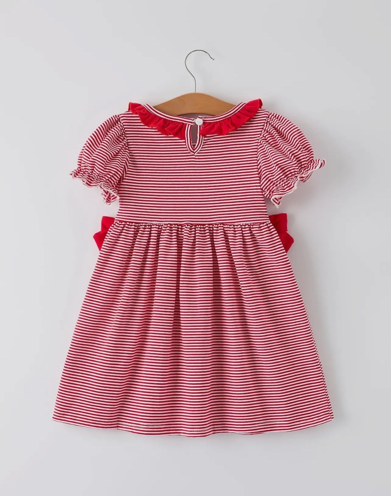 Holiday Girls Dress with Embroidered Christmas Lights and Red Bow Details - Abbies Place