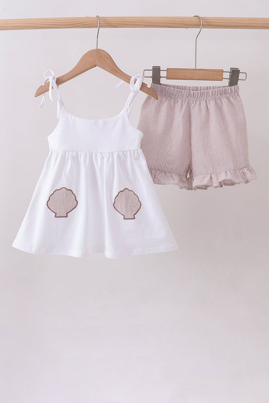 Ivory shell embroidery ruffle shorts set - Abbies Place