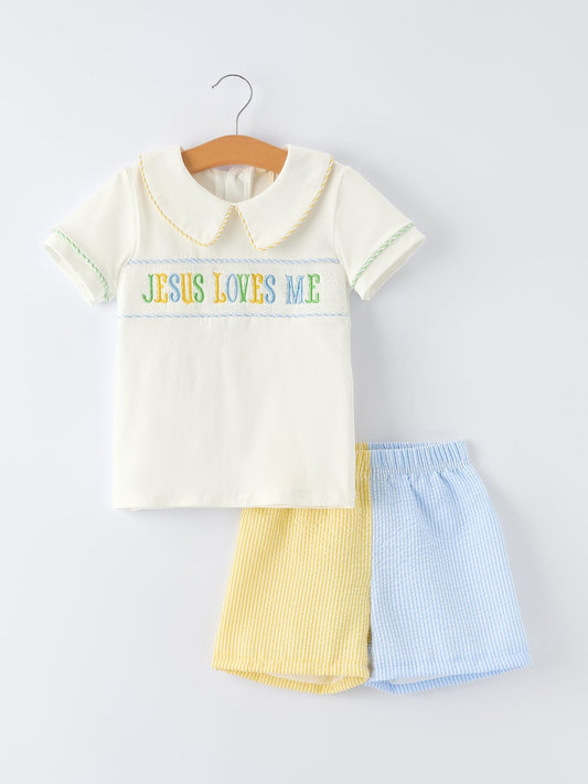 "Jesus Loves Me "Embroidered Toddler Boys'Set - Abbies Place