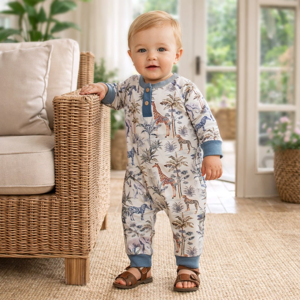 Jungle Safari Bamboo Henley Romper for Baby Boys - Abbies Place