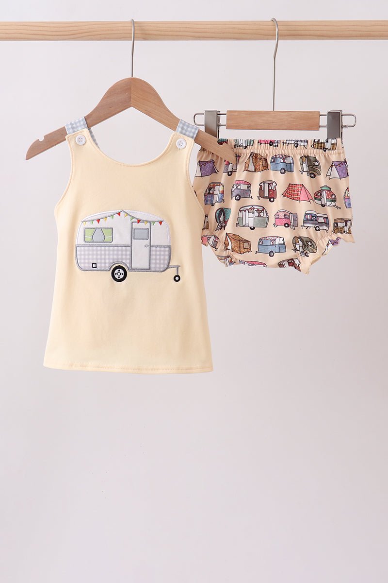 Khaki camper applique bow bloomer set - Abbies Place
