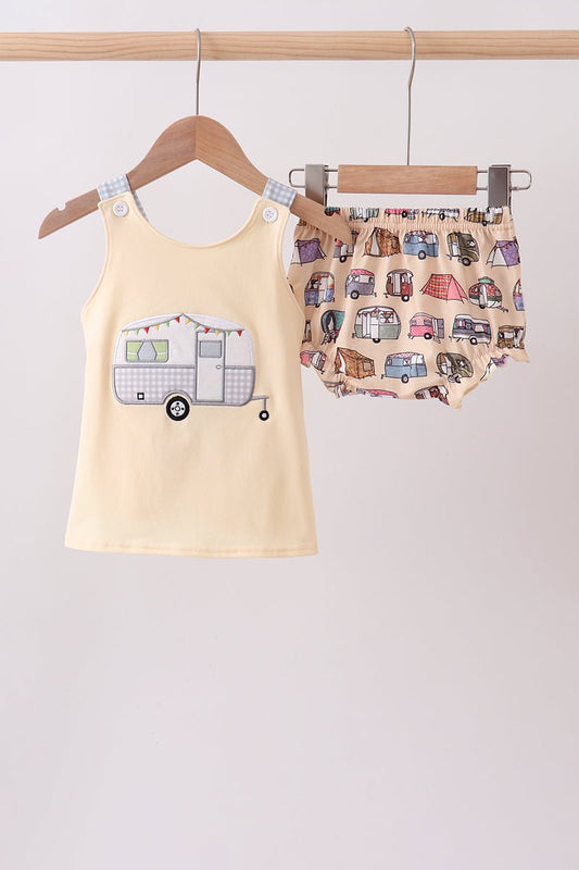 Khaki camper applique bow bloomer set - Abbies Place